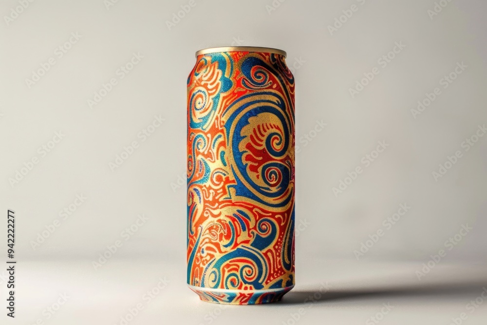 Poster a can of soda sitting on a table with a simple background