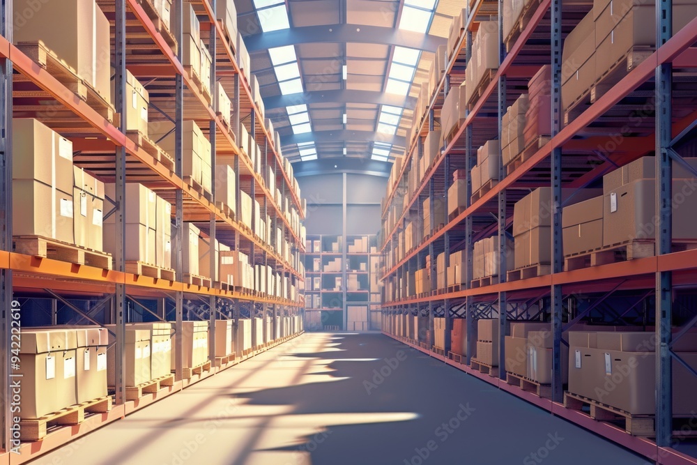 Poster a large warehouse filled with many stacked boxes