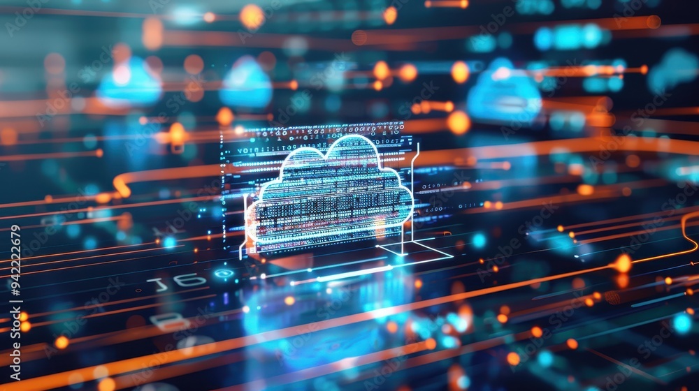Poster digital cloud computing concept with blue and orange lights symbolizing data management, storage, an