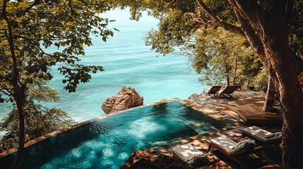 A view of the ocean from the top of a cliff overlooking a swimming pool
