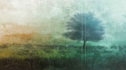 Lonely tree standing on misty field simplistic art