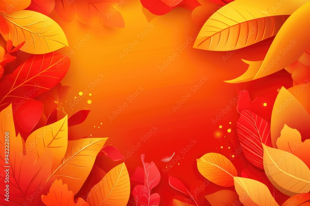 Poster a serene autumn landscape with a warm gradient of orange and red leaves softly falling, creating a c