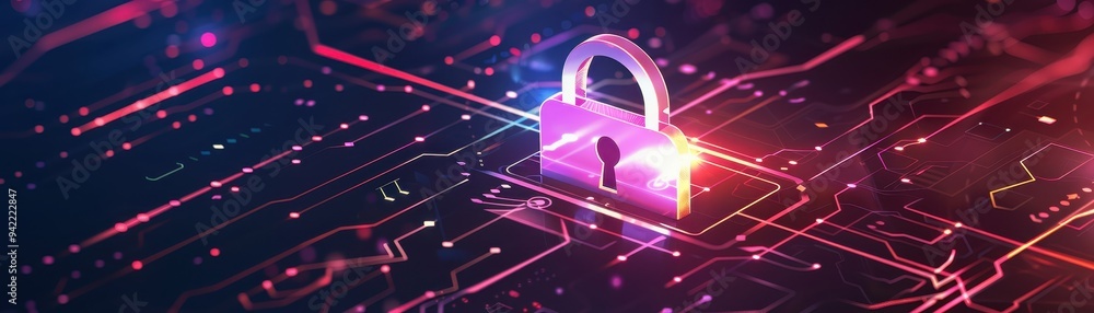 Poster digital padlock security concept with neon lights symbolizing cybersecurity and data protection in a