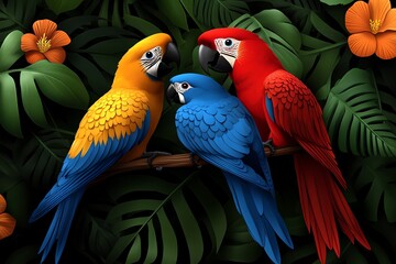Fototapeta premium Beautiful birds in a tropical rainforest depicted in a detailed illustration with rich colors and textures