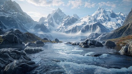 Mountain Stream Flowing Through a Lush Valley on a Sunny Day