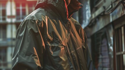 A person in a raincoat walking down a city street, possibly on their way to work or an errand