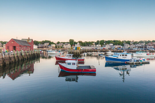 USA, Massachusetts, Cape Ann, Rockport. Rockport Harbor at dusk