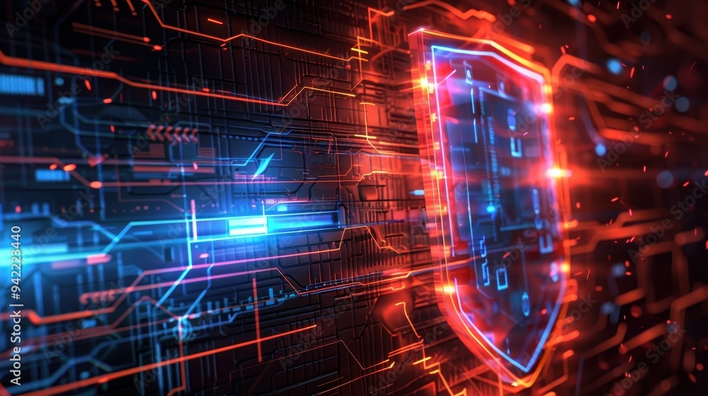 Poster digital shield icon glowing in a futuristic cyber interface, symbolizing advanced cybersecurity and 