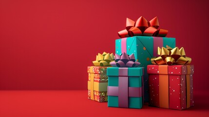 three colorful gift boxes with bows on a red background