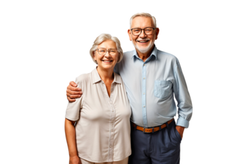 Portrait of happy senior couple smiling together, stand up, one next to the other, isolated on transparent background