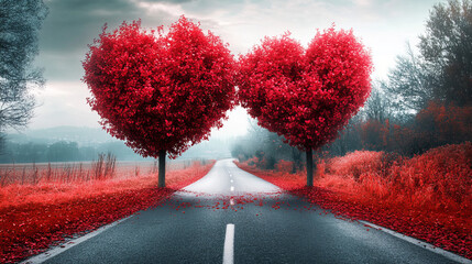 Trees shaped like hearts on the road to love. 