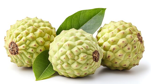 Three whole green custard apples with leaves isolated on white background.