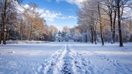 Fototapeta premium A snowy path winds through a forest, sunlight illuminating the frost-covered trees.