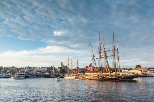 USA, Massachusetts, Cape Ann, Gloucester. Gloucester Schooner Festival, schooners in Gloucester Harbor at dusk
