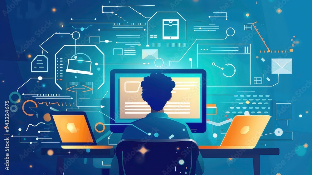 Poster person sitting in front of a computer, working on a project, with glowing lines and symbols around t