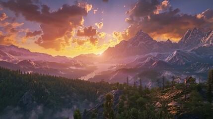 Majestic mountain landscape with golden sunset hues and dramatic clouds