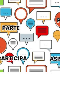 letrero forma parte, asiste, participa para asamblea, conversatio charlas educacion o negocios cooperativos