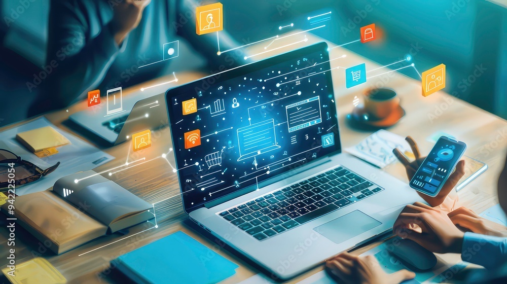 Poster a person working on a laptop with a network of icons surrounding it.