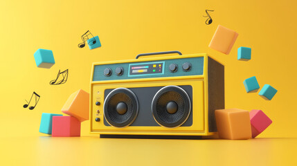 Obraz premium Yellow 3D boombox with cubes, sound amplifier, and notes.