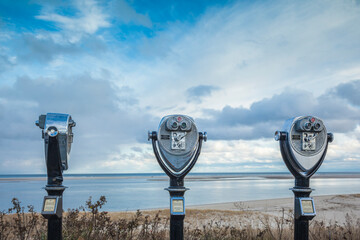 USA, Massachusetts, Cape Cod, Chatham. Chatham Harbor, observation binoculars