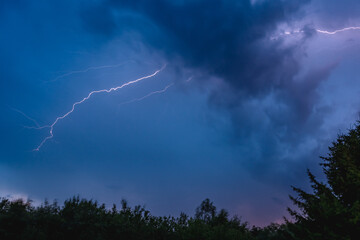 Thunderstorm, electrostatic discharge in the night sky, branching lightning high above the clouds....