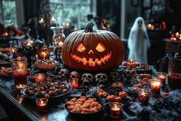 Festive home buffet table with sweet snacks and themed decorations for Halloween. Halloween themed food and decor. Various desserts and decor on table. Halloween party food corner table scene