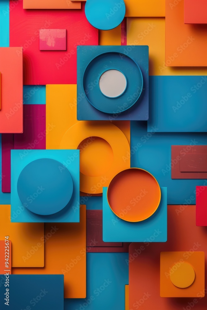 Poster a vibrant, geometric pattern of interconnected squares and circles on a bright colored background