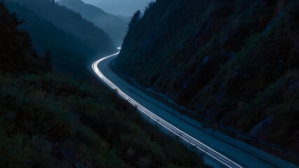 As dusk descended, lights and truck and car tracks were visible circulating between circular ravines on a mountain road.