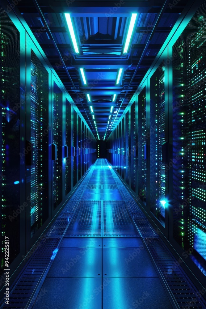 Aufkleber Rows of servers in a modern data center hallway, ideal for use in tech-related contexts