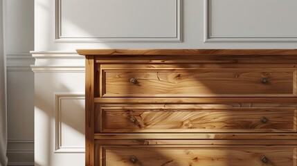 Wooden dresser with three drawers against white wall with molding.