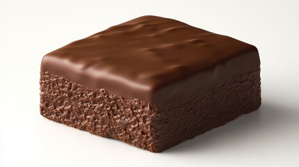 A piece of chocolate cake on a white surface