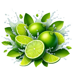 Fresh Limes Splashing with Leaves 