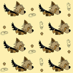 A cheerful cartoon image of a small dog of the Yorkshire terrier breed. Stylized puppy logo. Cute animal emotions.
