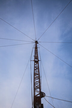 USA, Massachusetts, Cape Ann, Gloucester. Granite quarry derrick used to lift stones