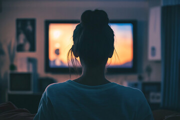A woman sits in a dimly lit room watching TV with the screen glowing creating a calm and introspective atmosphere