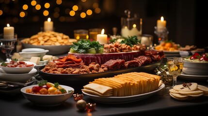 Christmas Dinner table full of dishes with food and snacks, New Year's decor with a Christmas tree on the background.