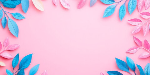 Obraz premium Minimalistic background with pink and blue leaves framing the edges on a pink surface, offering ample copy space. Ideal for use in promotional designs, marketing materials, or creative branding proje
