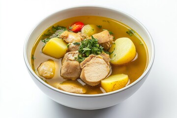 Banjar Soup, A South Kalimantan specialty made with chicken, boiled eggs, and potatoes in a clear and flavorful broth, typically flavored with cinnamon and nutmeg. isolated on white background