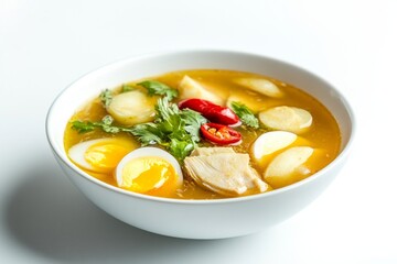 Banjar Soup, A South Kalimantan specialty made with chicken, boiled eggs, and potatoes in a clear and flavorful broth, typically flavored with cinnamon and nutmeg. isolated on white background