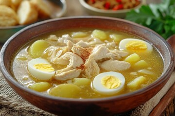 Banjar Soup, A South Kalimantan specialty made with chicken, boiled eggs, and potatoes in a clear and flavorful broth, typically flavored with cinnamon and nutmeg.
