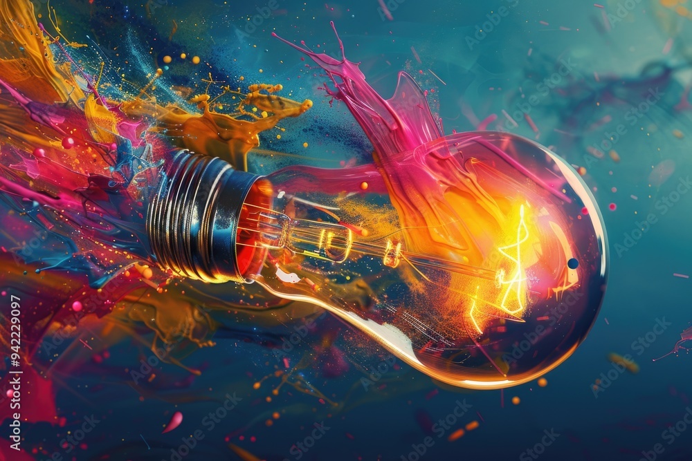 Poster a glowing light bulb with a music note symbol, ideal for use in presentations or designs about creat