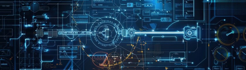 Futuristic digital interface with complex blue data visualizations and technology elements. High-tech abstract background.