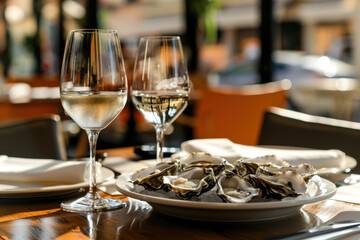 Fototapeta premium Rich dinner with oysters and wine in Italian restaurant.
