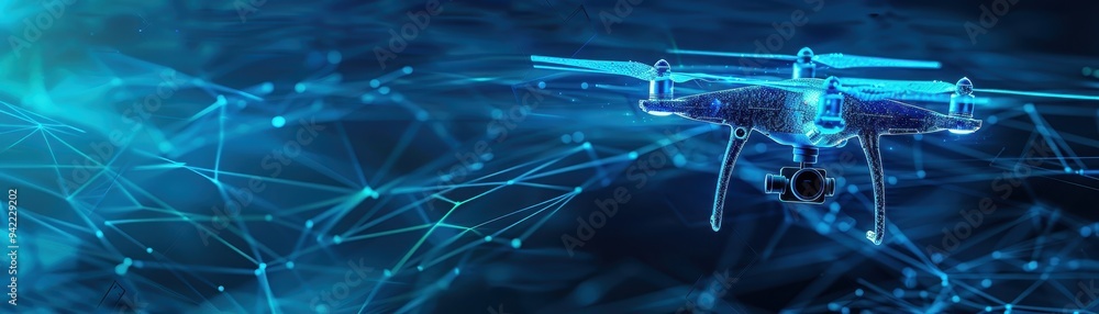 Poster futuristic drone navigating through a digital network with blue neon lights, representing advanced t