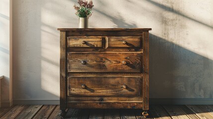 Old wooden chest of drawers with three drawers against a beige wall.