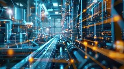 Futuristic industrial background with a network of glowing digital lines, showcasing technology and innovation in a modern factory setting.
