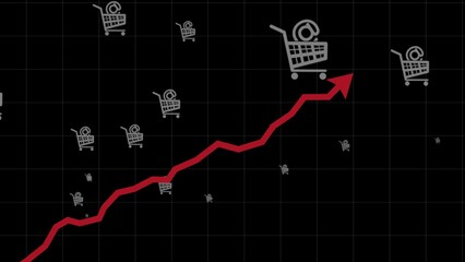 Rising red arrow on black background with cart animation. Growing trend in online shopping and e-commerce