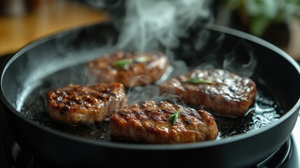 Fototapeta premium Sizzling Steaks in a Pan