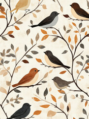 A colorful, illustrated pattern features autumn leaves and British birds on a cream background. nature-inspired designs.