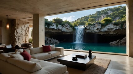 Fototapeta premium A villa's living area with waterfalls from the ceiling, like slabs of limestone rock along the seaside cliff